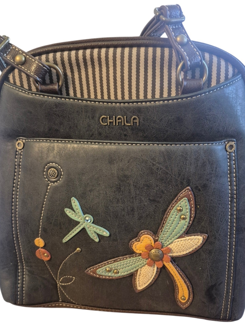 Chala Brown Shoulder Backpack Convertible Bag with Colorful Dragonfly